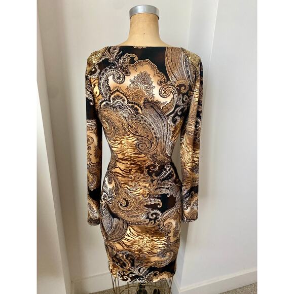 Cache Paisley Vintage Faux Wrap Dress with Gold Beaded Shoulders size S - Picture 6 of 10